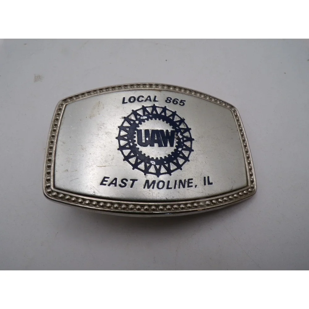 Vintage UAW Local 865 Belt Buckle East Moline IL United Auto Workers Silver Blue